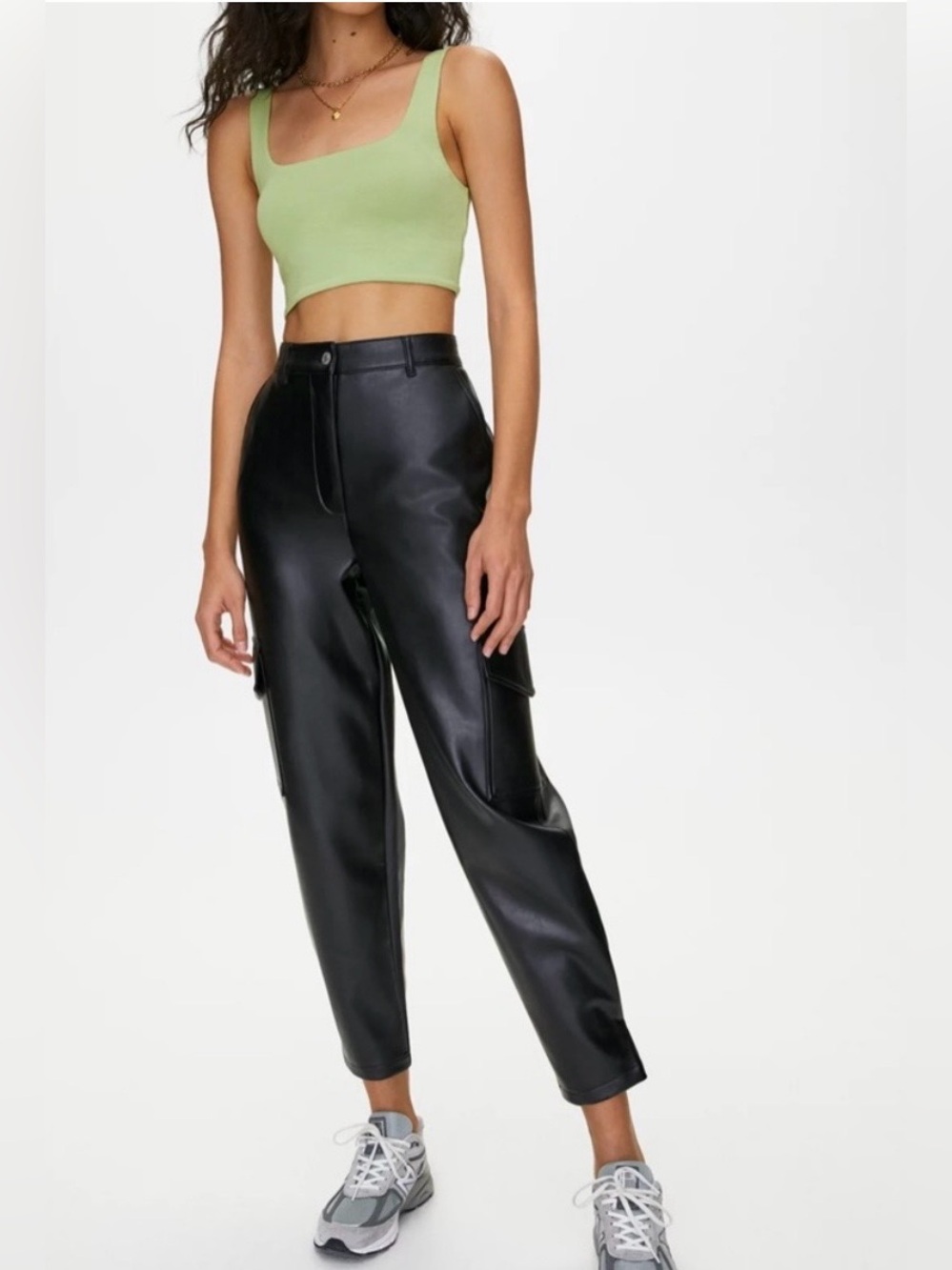 Aritzia Wilfred Modern Cargo Black Vegan Leather Cargo Pants Ankle Tabs